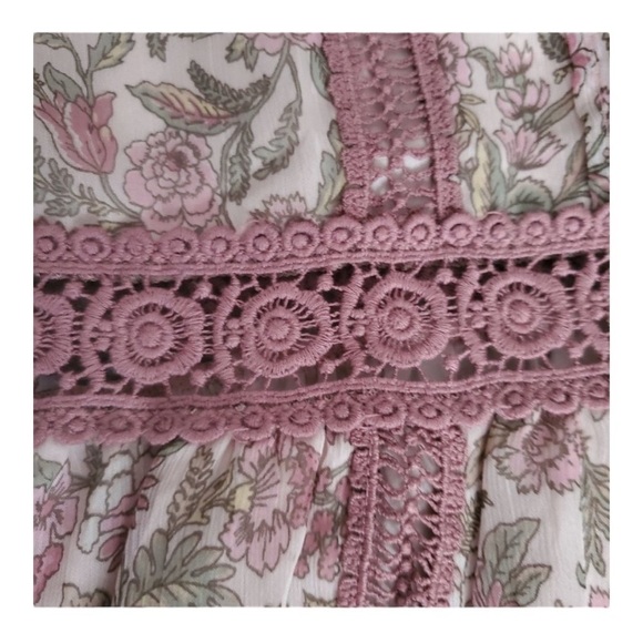 TOPSHOP Floral Ruffle Pink Long Sleeve High Neck Crochet Tea Dress - Picture 3 of 10